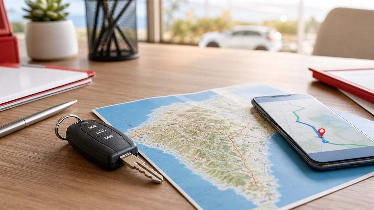 Llaves de coche y mapa para preparar una ruta por Tenerife