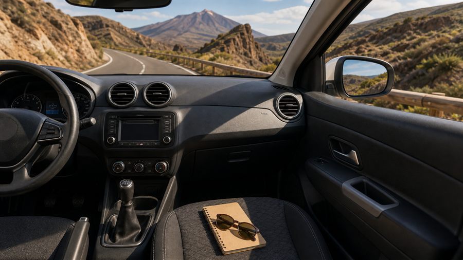 Interior de coche preparado para una ruta por Tenerife