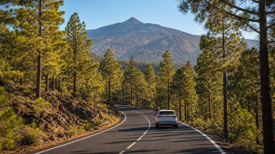 Carretera entre pinares hacia el Teide